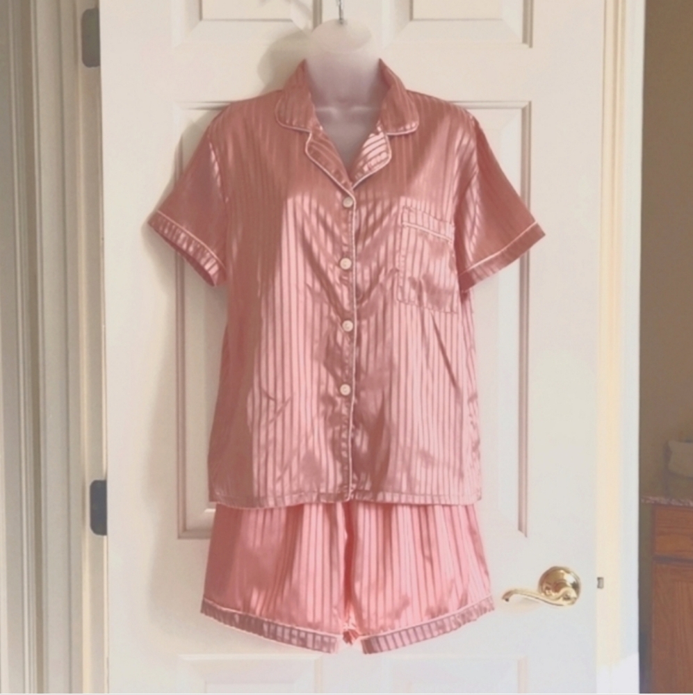 PAJAMAS Satin Striped Desert Rose Colored PJ's Size M 2 PC Set